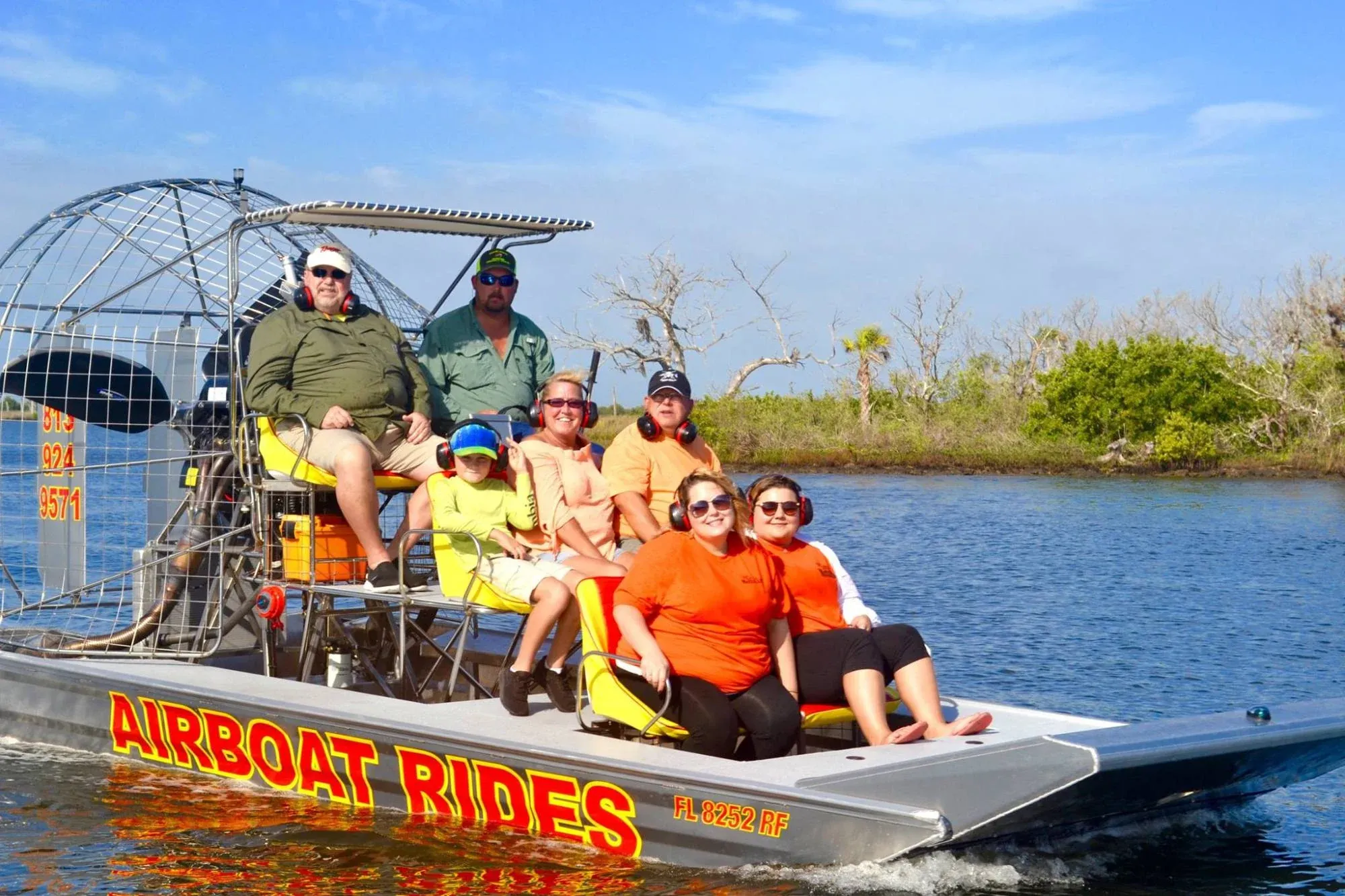 Airboat captain and guests on a guided Homosassa ride.